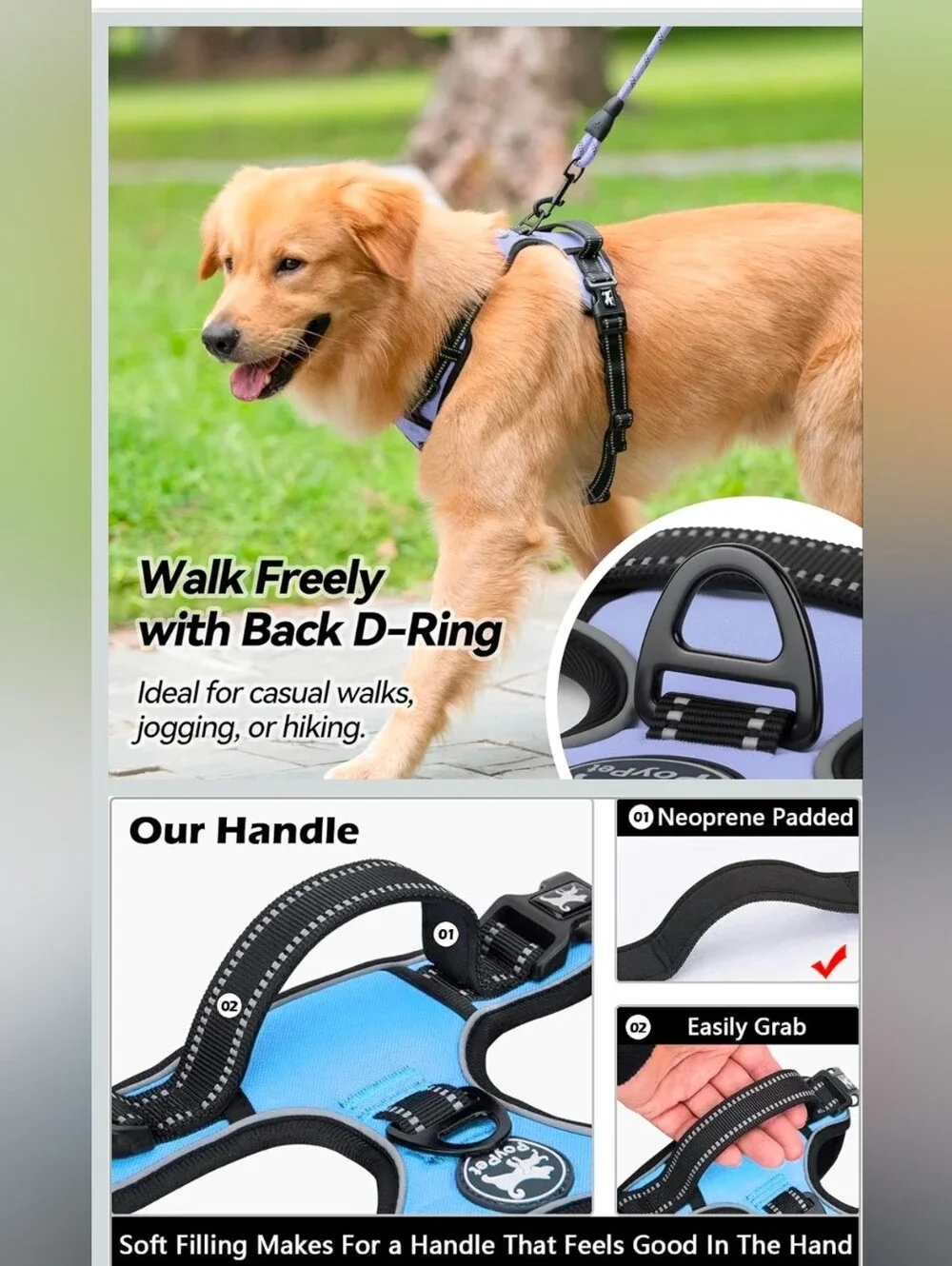 Blue Reflective No-Pull Dog Harness with 3-Buckle Fit